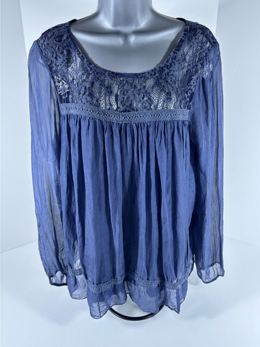 Giulia Navy Silk Lace Blouse Size S